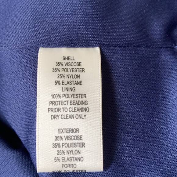 Eliza J navy faux wrap silk look lined dress 3/4 jewelled sleeves EUC - Picture 8 of 8